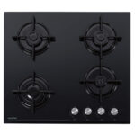 Plita incorporabila Nobeltek NHBG-6400BK, Gaz, 4 arzatoare, Sticla, Aprindere electrica, Gratar emailat rotund, Negru