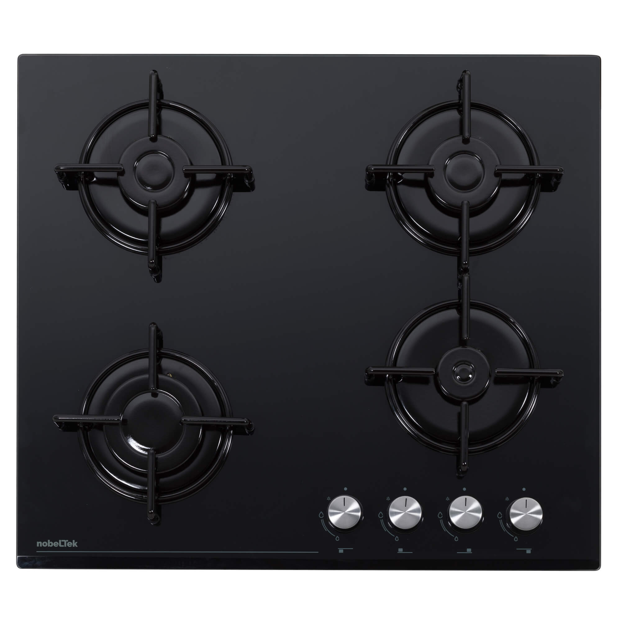 bf-nhbg-6400bk-1.jpg Plita incorporabila Nobeltek NHBG-6400BK, Gaz, 4 arzatoare, Sticla, Aprindere electrica, Gratar emailat rotund, Negru - imagine 1