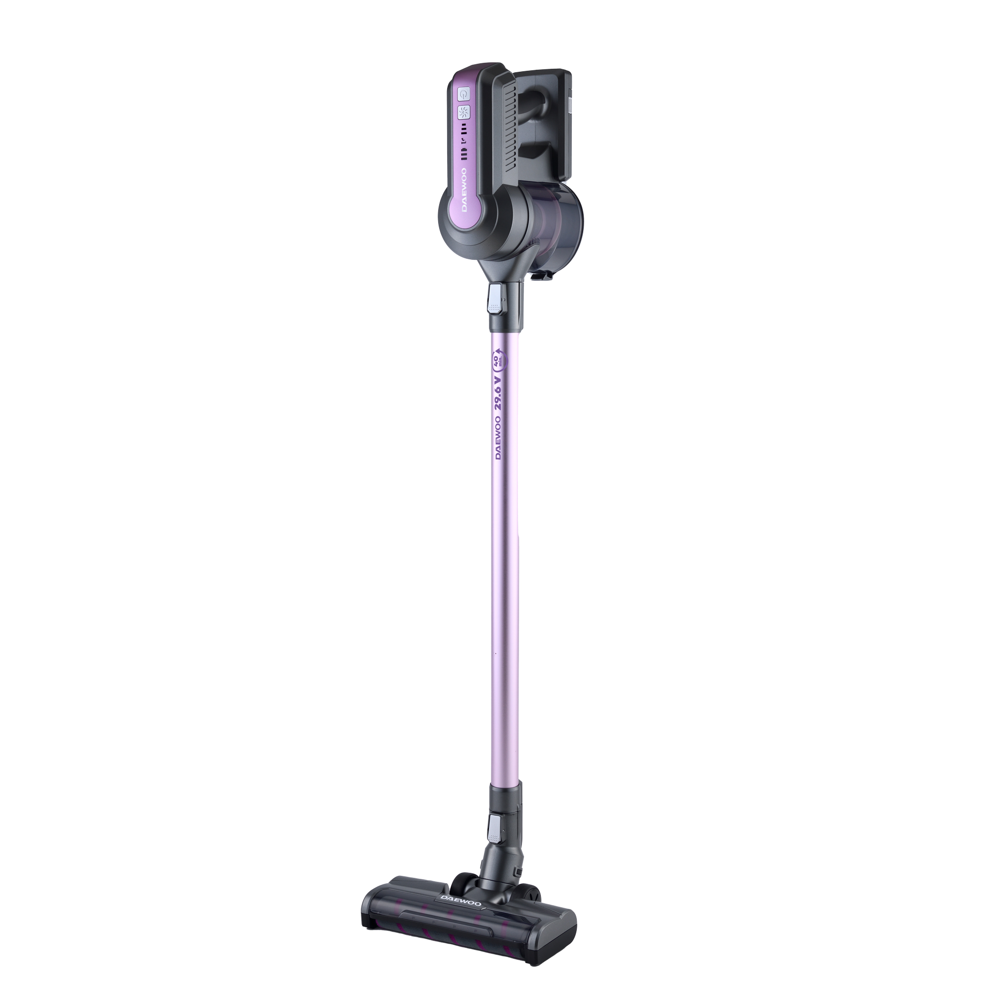 bf-rsh-410gp-1-1.jpg Aspirator Daewoo vertical RSH-410GP-1, putere 300W, putere de aspirare 100W, filtru HEPA, baterie Litiu-Ion 29.6 volti, autonomie func. 40 min., control pe maner, baterie reincarcabila, indicator de putere, Mov - imagine 1