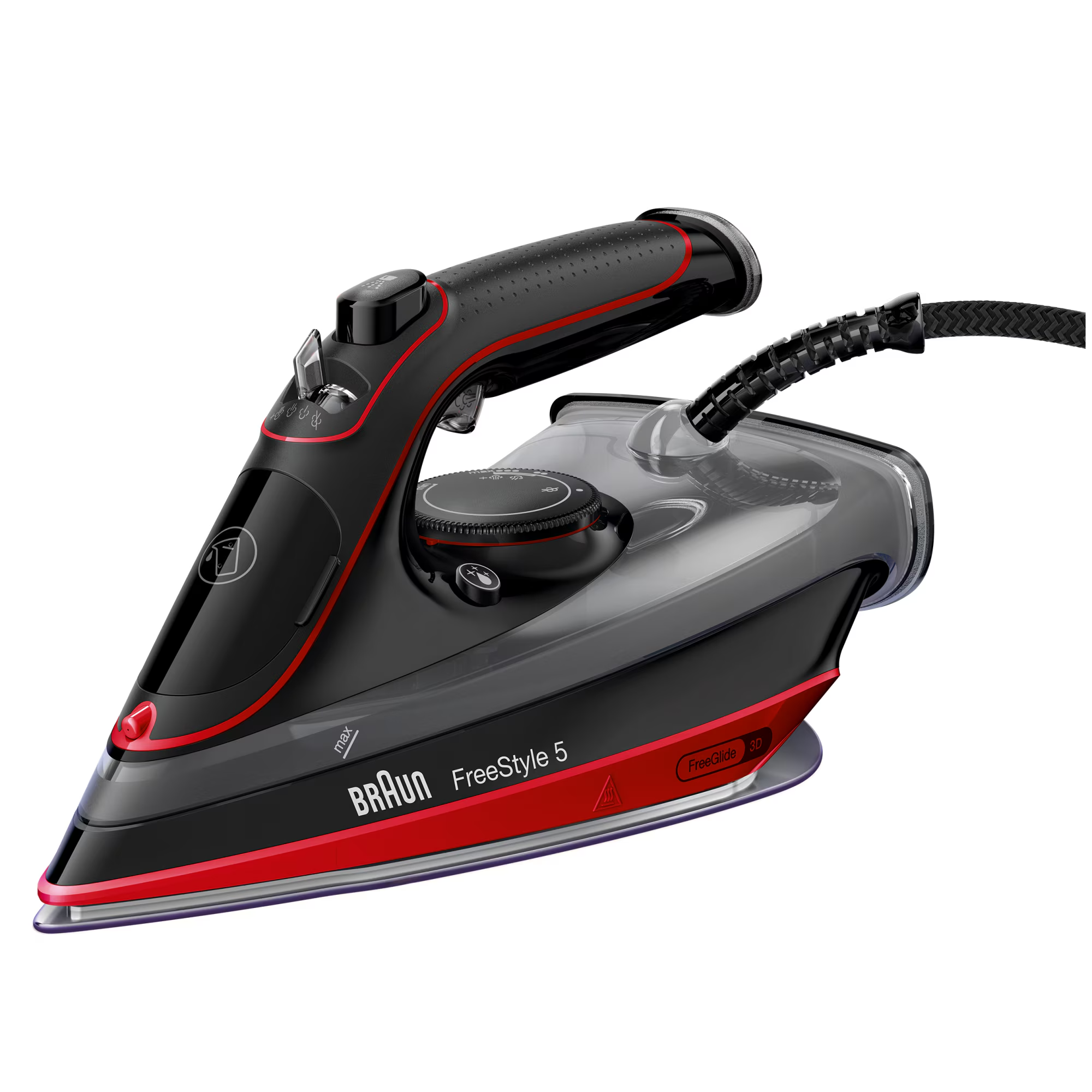 bf-si5057rd-1.png Fier de calcat Braun FreeStyle 5 SI5057RD, 2700W, jet de abur 220g/min, abur variabil 0-50 g/min, talpa SuperCeramic, rezervor 300 ml, tehnologie FreeGlide, oprire automata, sistem antipicurare, negru/rosu - imagine 1