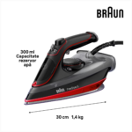 Fier de calcat Braun FreeStyle 5 SI5057RD, 2700W, jet de abur 220g/min, abur variabil 0-50 g/min, talpa SuperCeramic, rezervor 300 ml, tehnologie FreeGlide, oprire automata, sistem antipicurare, negru/rosu - imagine 2