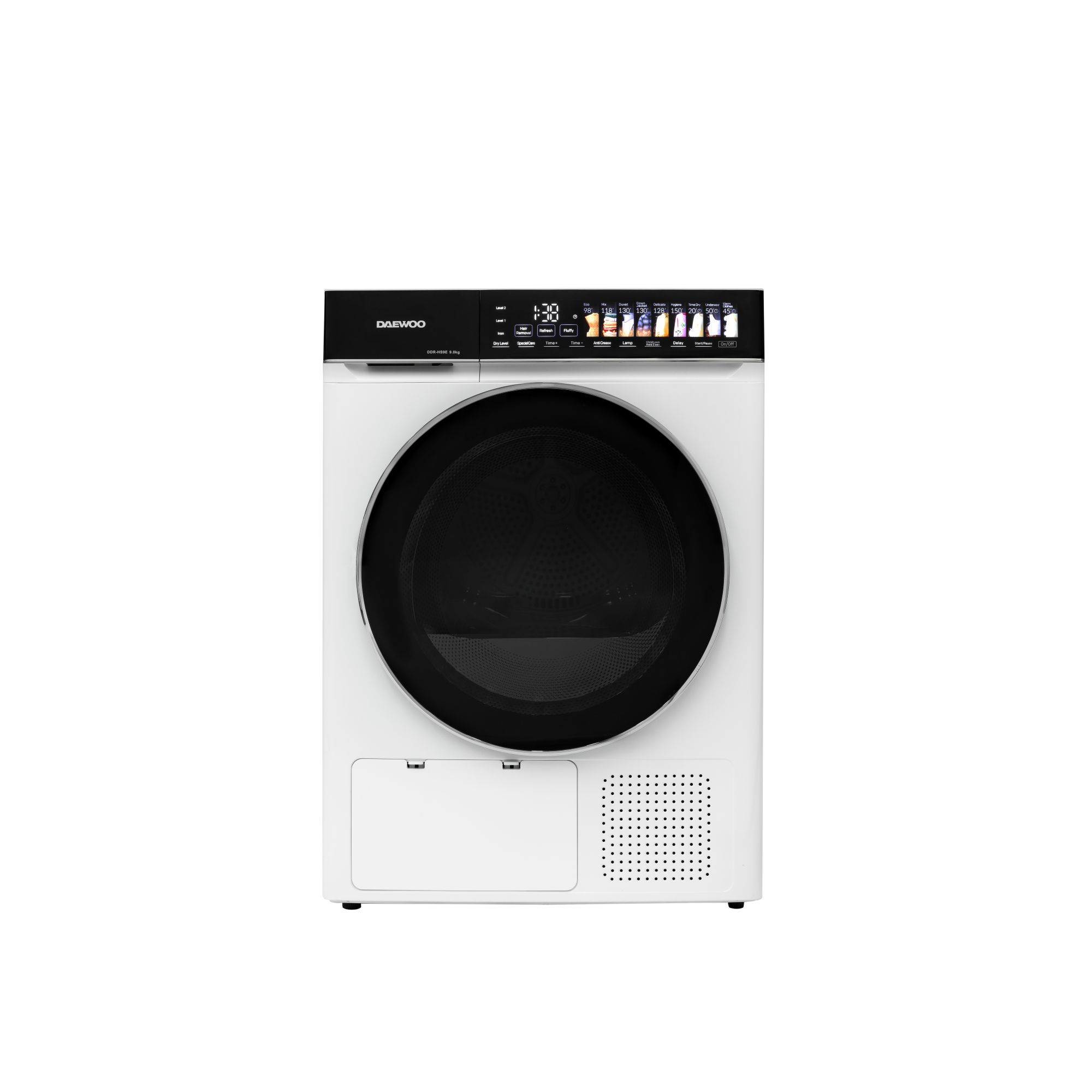 ddr-hs9e-1_1.jpg Uscator rufe Daewoo, 9 kg, pompa de caldura, butoane touch, panou de control negru cu pictograme mari colorate, Clasa E, Alb - imagine 1